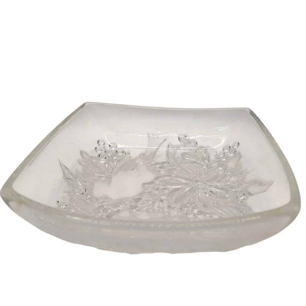 Vintage Gorham Crystal Square Bowl Dish Etched Cardinals Christmas Holly‎ Ribbon